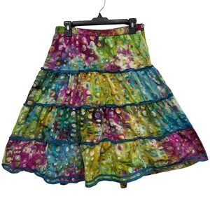 Tie Dye Tiered Bubble Texture Midi Skirt Rainbow Boho Ruffle A-Line 28 Waist